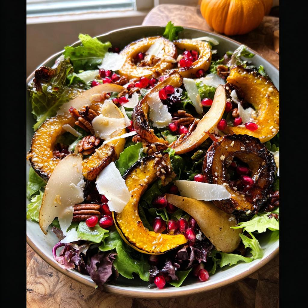 A vibrant bowl of Thanksgiving salad featuring roasted acorn squash, pears, pomegranate seeds, pecans, and shaved Parmesan.