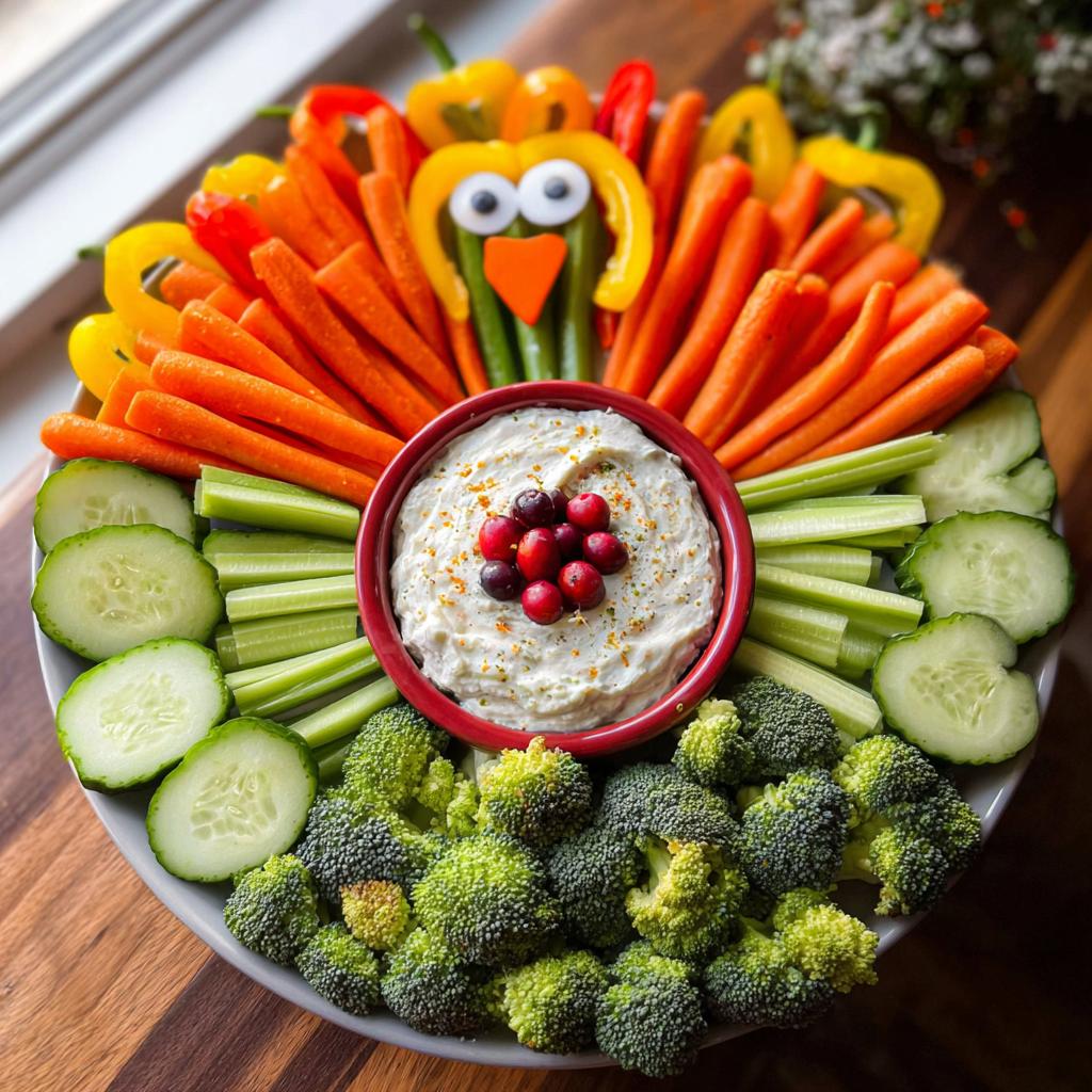 A festive Thanksgiving veggie tray arranged in the shape of a turkey, featuring carrots, bell peppers, celery, cucumber, broccoli, and dip.