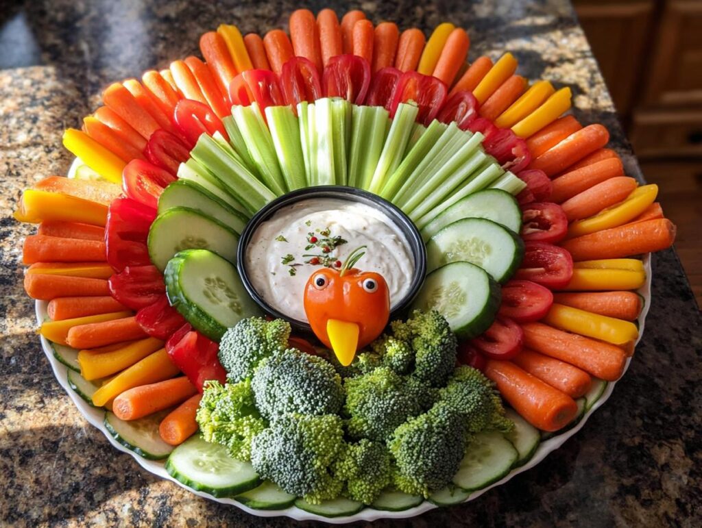 A colorful and festive Thanksgiving veggie tray arranged like a turkey, featuring carrots, celery, tomatoes, cucumbers, broccoli, and dip.