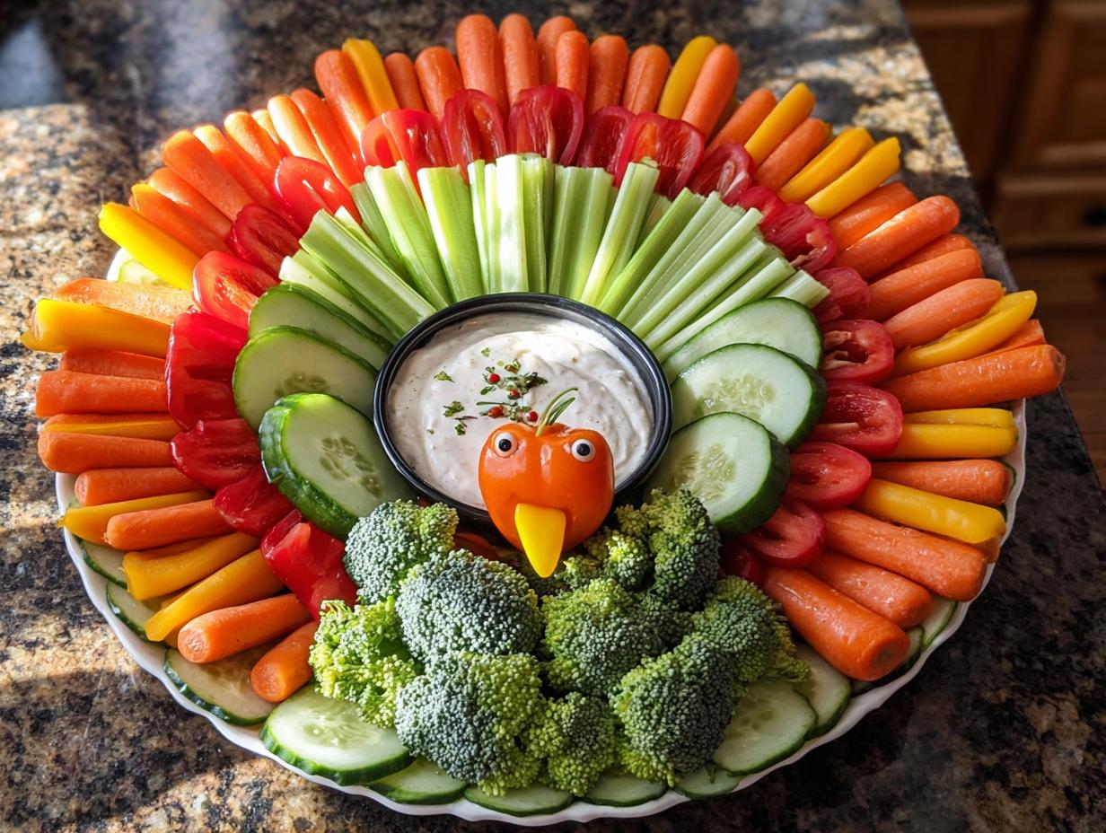 A colorful and festive Thanksgiving veggie tray arranged like a turkey, featuring carrots, celery, tomatoes, cucumbers, broccoli, and dip.
