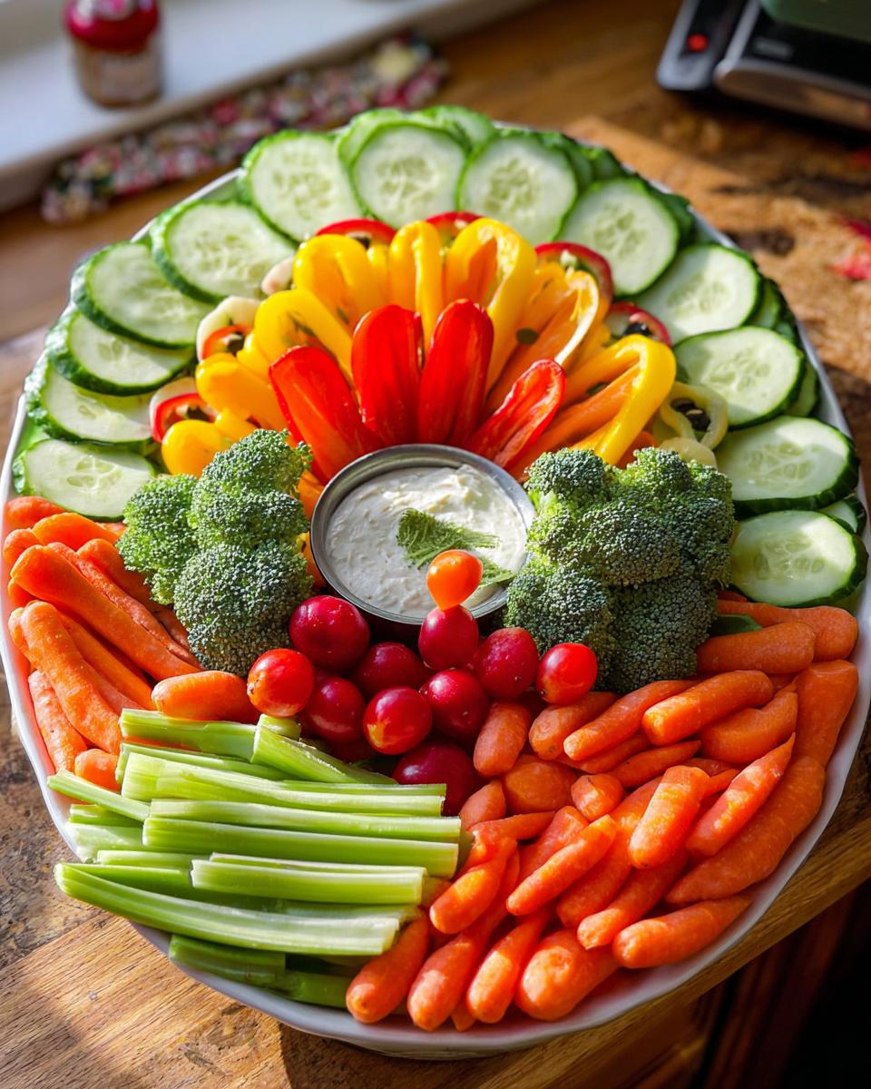 A vibrant and colorful restaurant-style Thanksgiving veggie tray at home, featuring an assortment of fresh vegetables and dip.