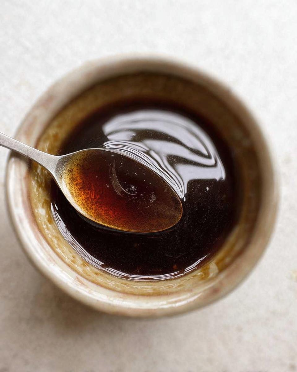 Close-up of a spoon lifting rich, dark brown liquid from a small bowl, illustrating the perfect Au Jus Recipe.