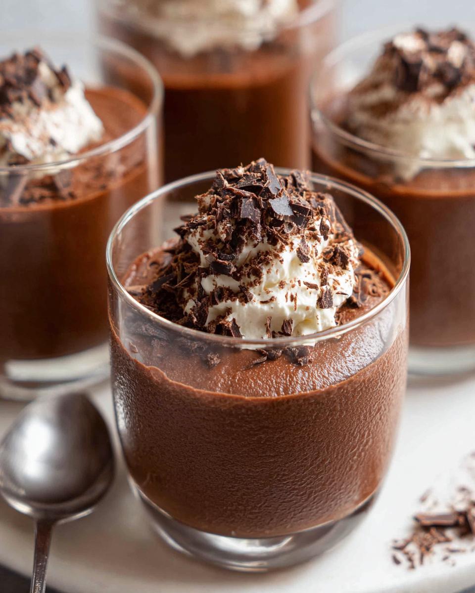 Close-up of individual servings of rich Chocolate Mousse topped with whipped cream and dark chocolate shavings.