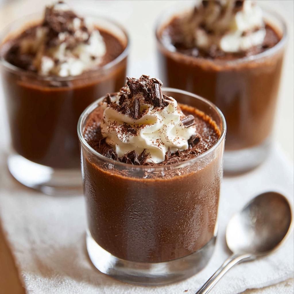 Three servings of rich Chocolate Mousse in small glasses, topped with whipped cream and chocolate shavings.