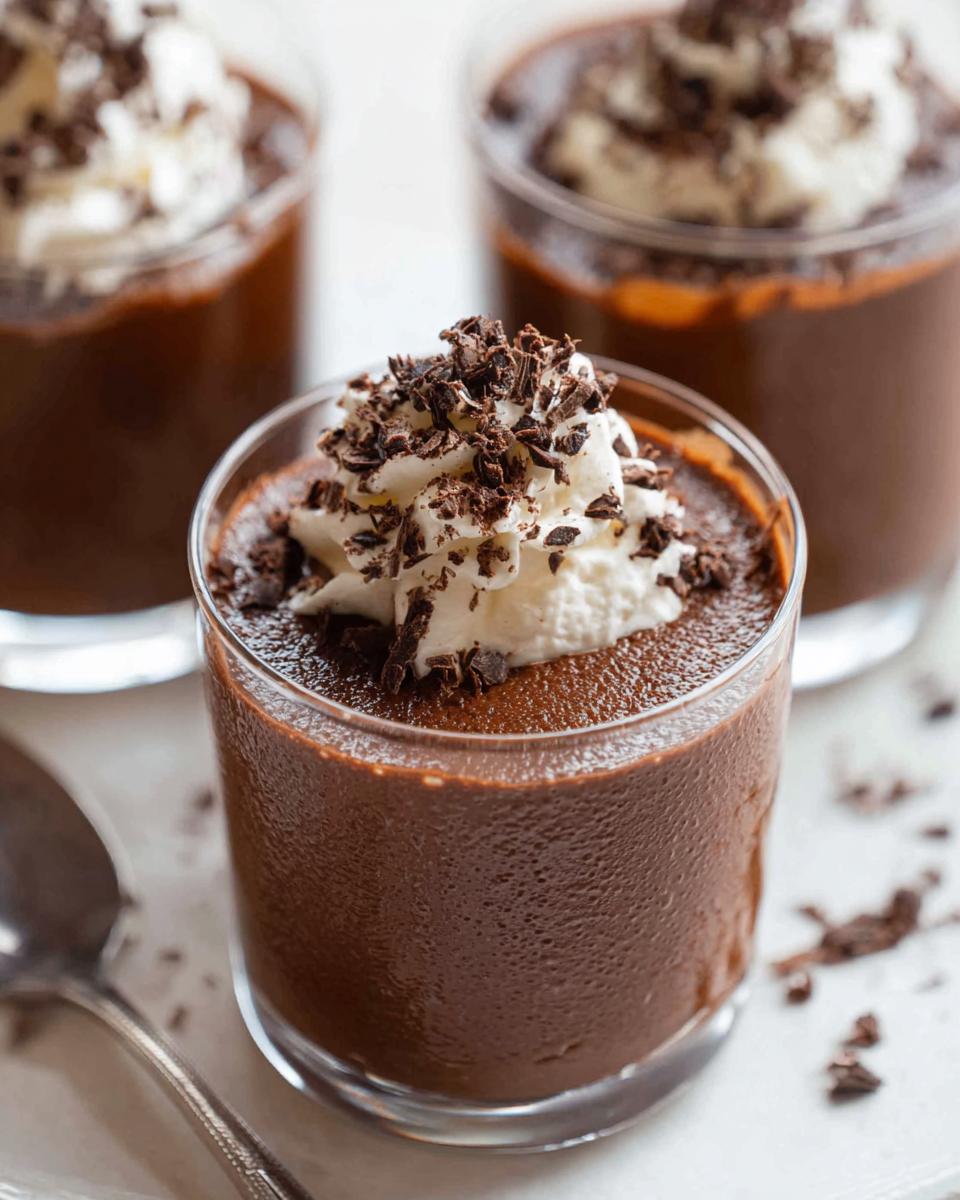 Close-up of individual serving of rich Chocolate Mousse topped with whipped cream and chocolate shavings.