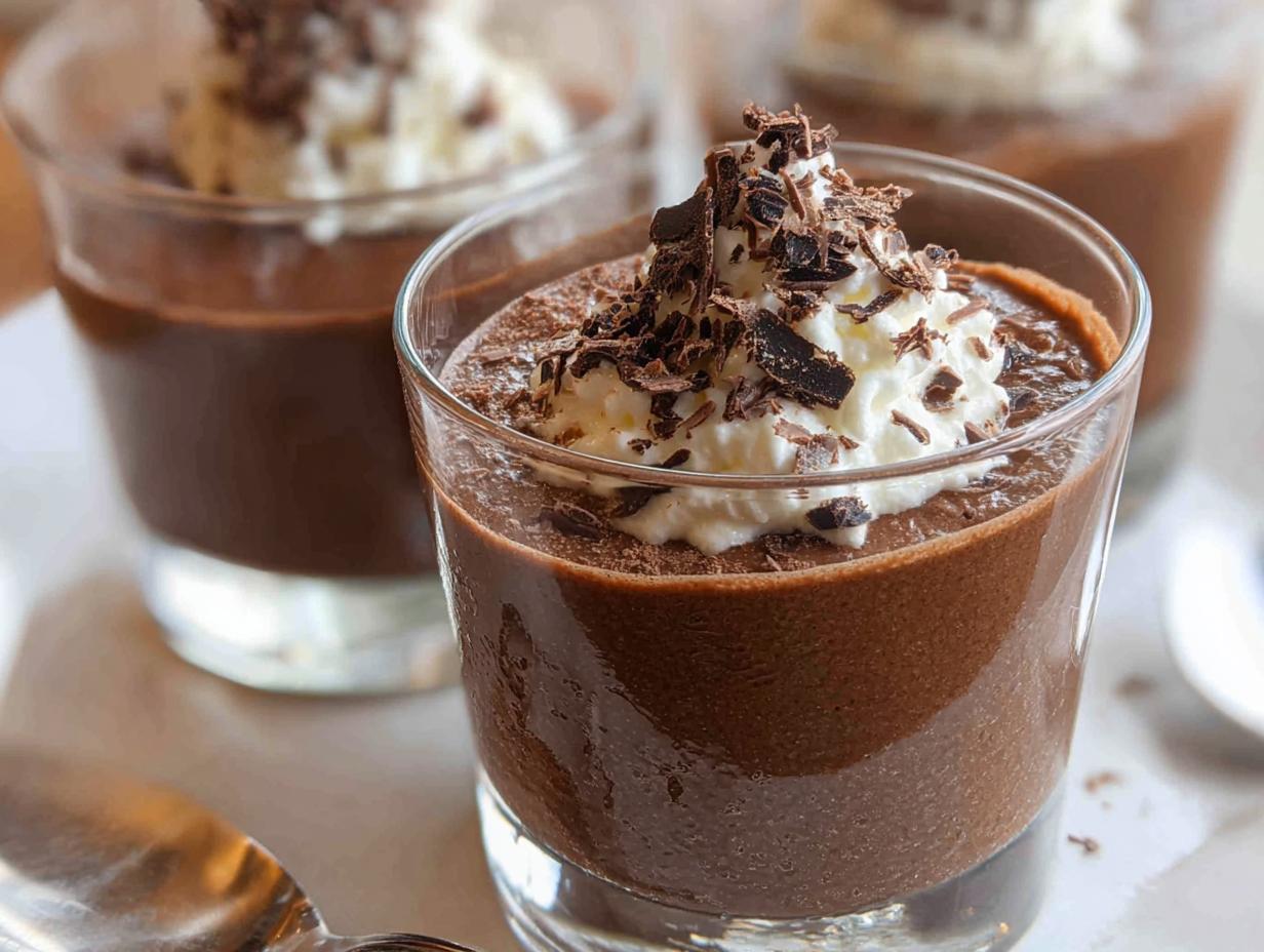 Close-up of rich Chocolate Mousse served in a small glass, topped with whipped cream and chocolate shavings.