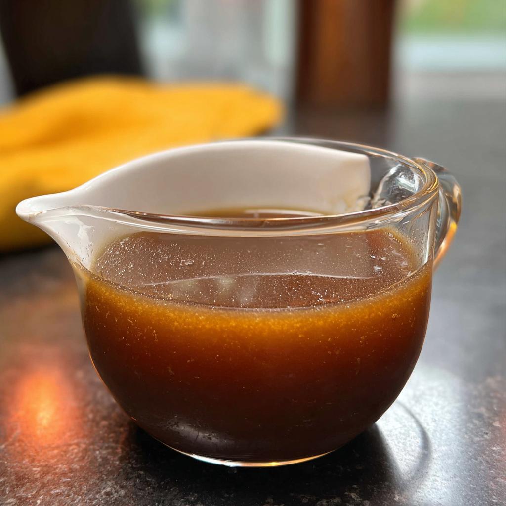 Close-up of rich and flavorful beef au jus recipe liquid in a small glass gravy boat.