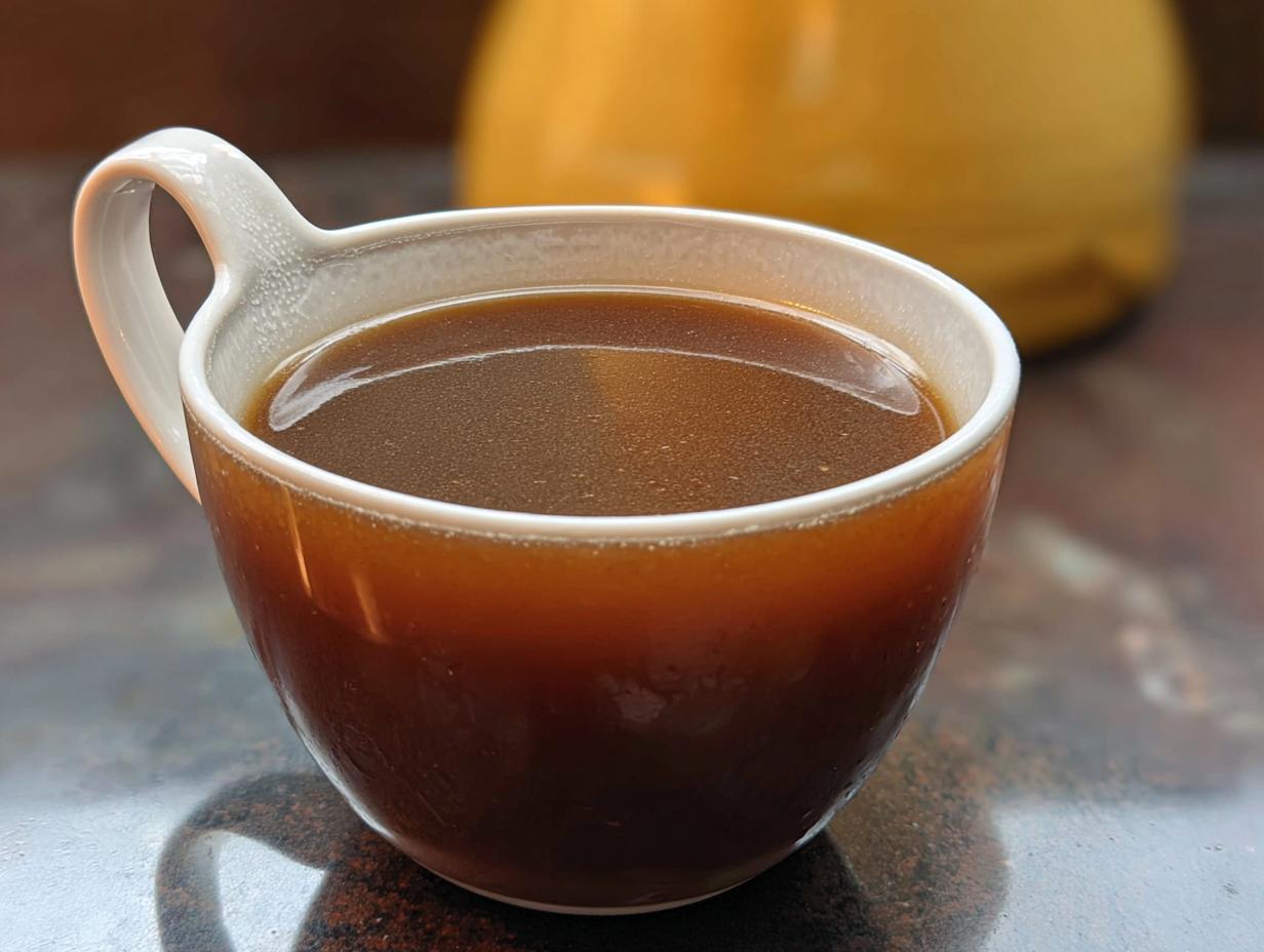 Close-up of a small, white-rimmed brown mug filled with rich and flavorful beef au jus.