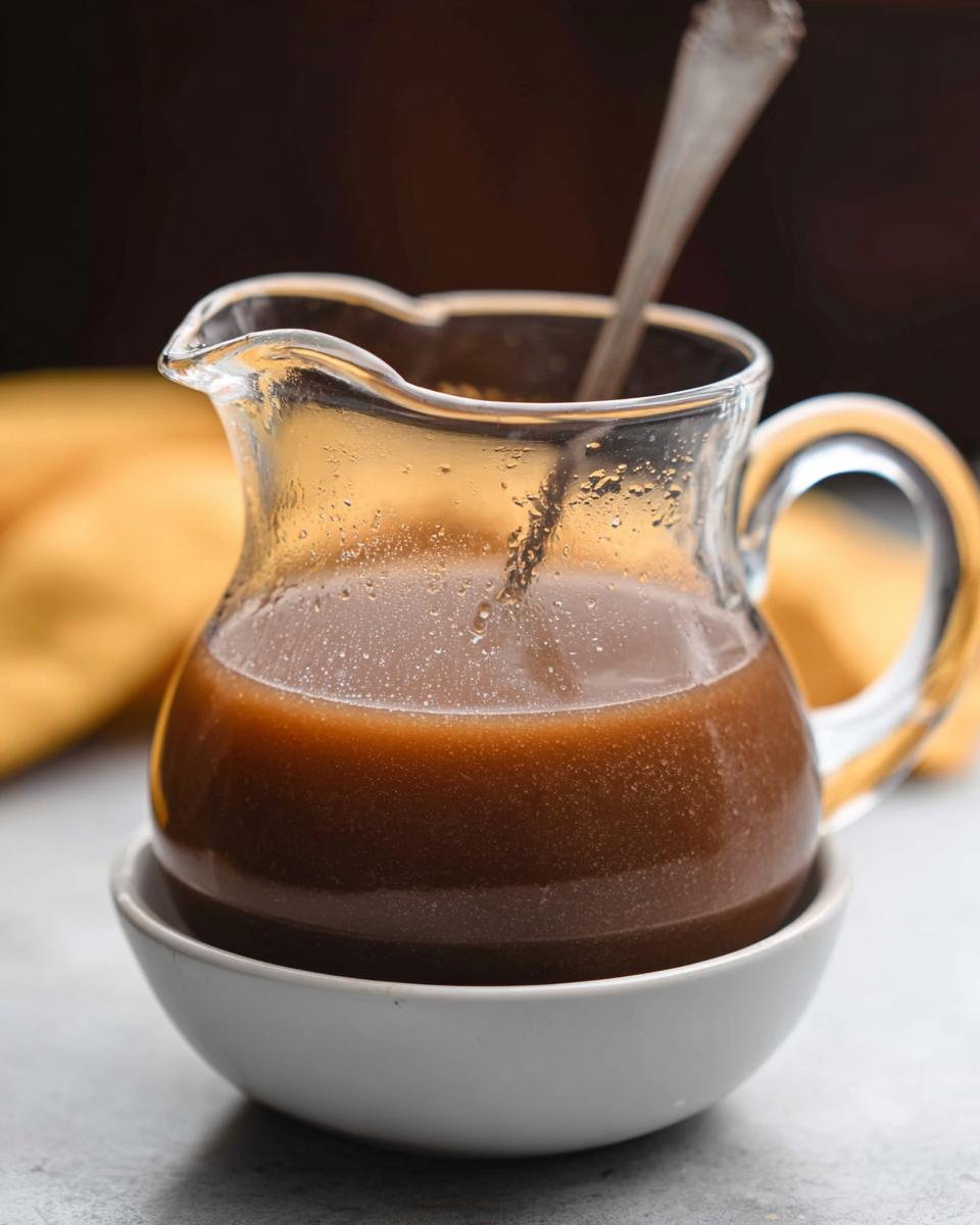 Close-up of a glass pitcher filled with rich and flavorful beef au jus recipe, resting on a small white bowl.