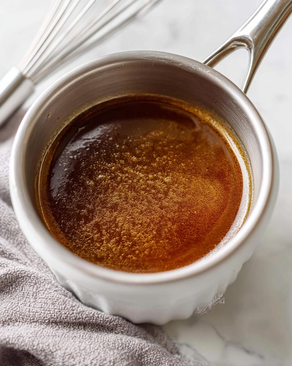 Close-up of rich, brown liquid simmering in a small stainless steel saucepan, perfect for the Best Homemade Au Jus Recipe.