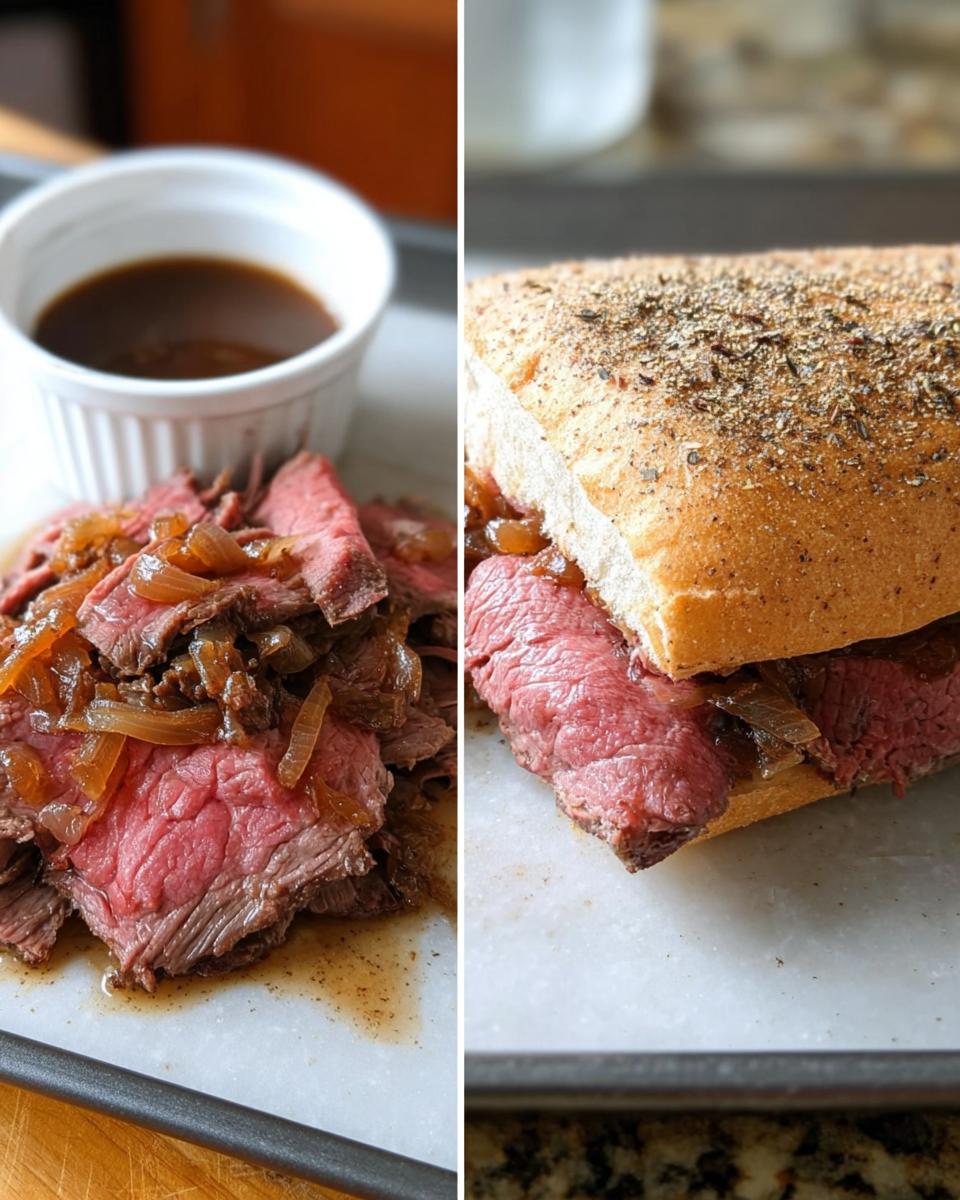 Split image showing sliced roast beef with onions and au jus, next to a French Dip sandwich ready for dipping.