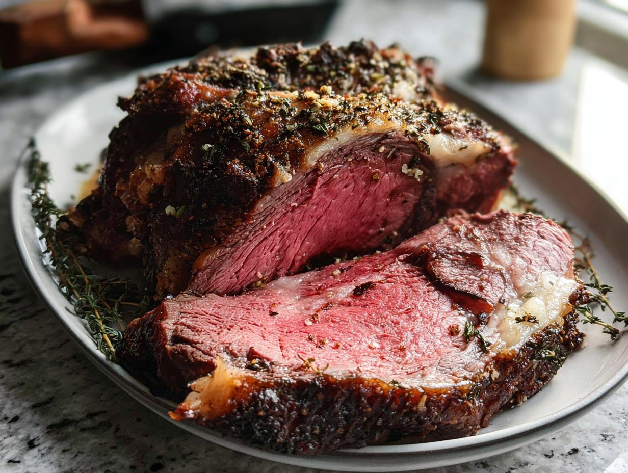 A thick slice of medium-rare prime rib roasted in the oven, showing a dark herb crust and juicy pink center.