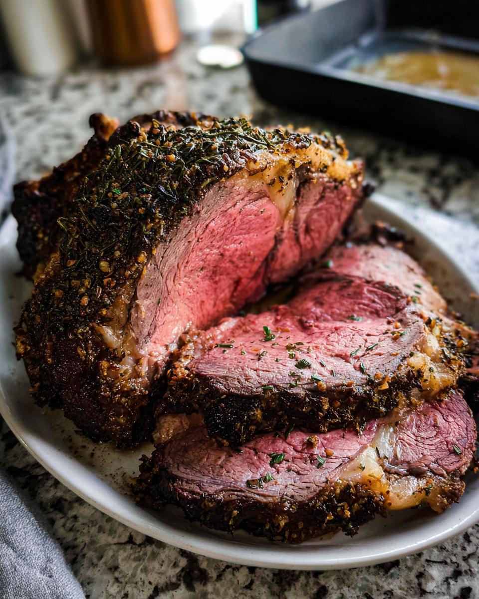 Close-up of a perfectly cooked prime rib in the oven, sliced to show medium-rare pink center and herb crust.