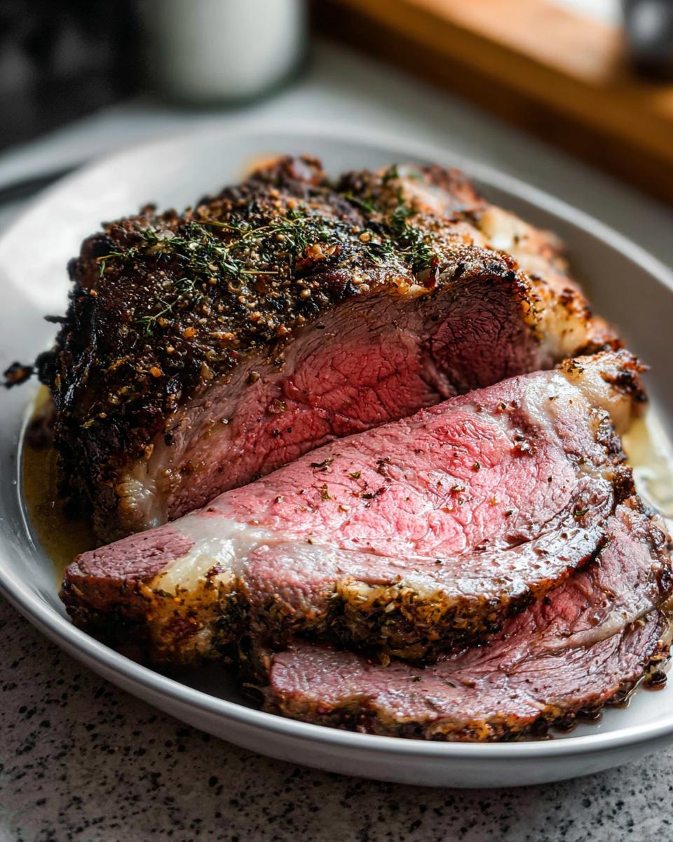 Close-up of a perfectly cooked prime rib roast, sliced to show medium-rare interior and dark herb crust.