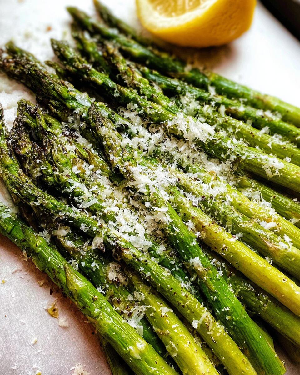 Close-up of bright green Roasted Asparagus with Parmesan cheese sprinkled on top, with a lemon wedge visible.