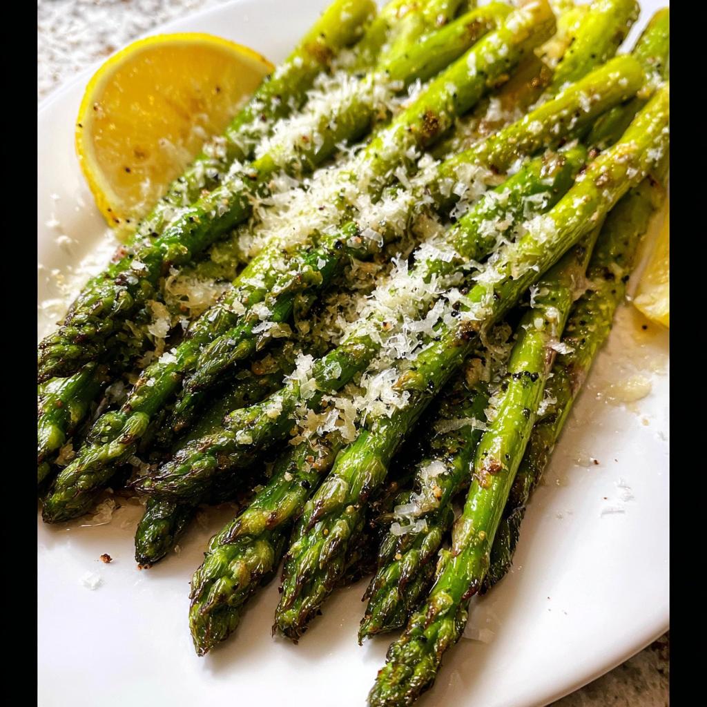 A serving of bright green Roasted Asparagus with Parmesan cheese sprinkled on top, garnished with lemon wedges.