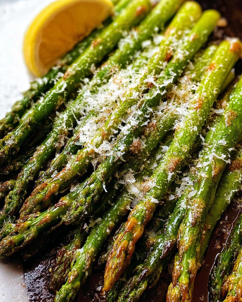 Close-up of vibrant green Roasted Asparagus with Parmesan cheese sprinkled on top and a lemon wedge.