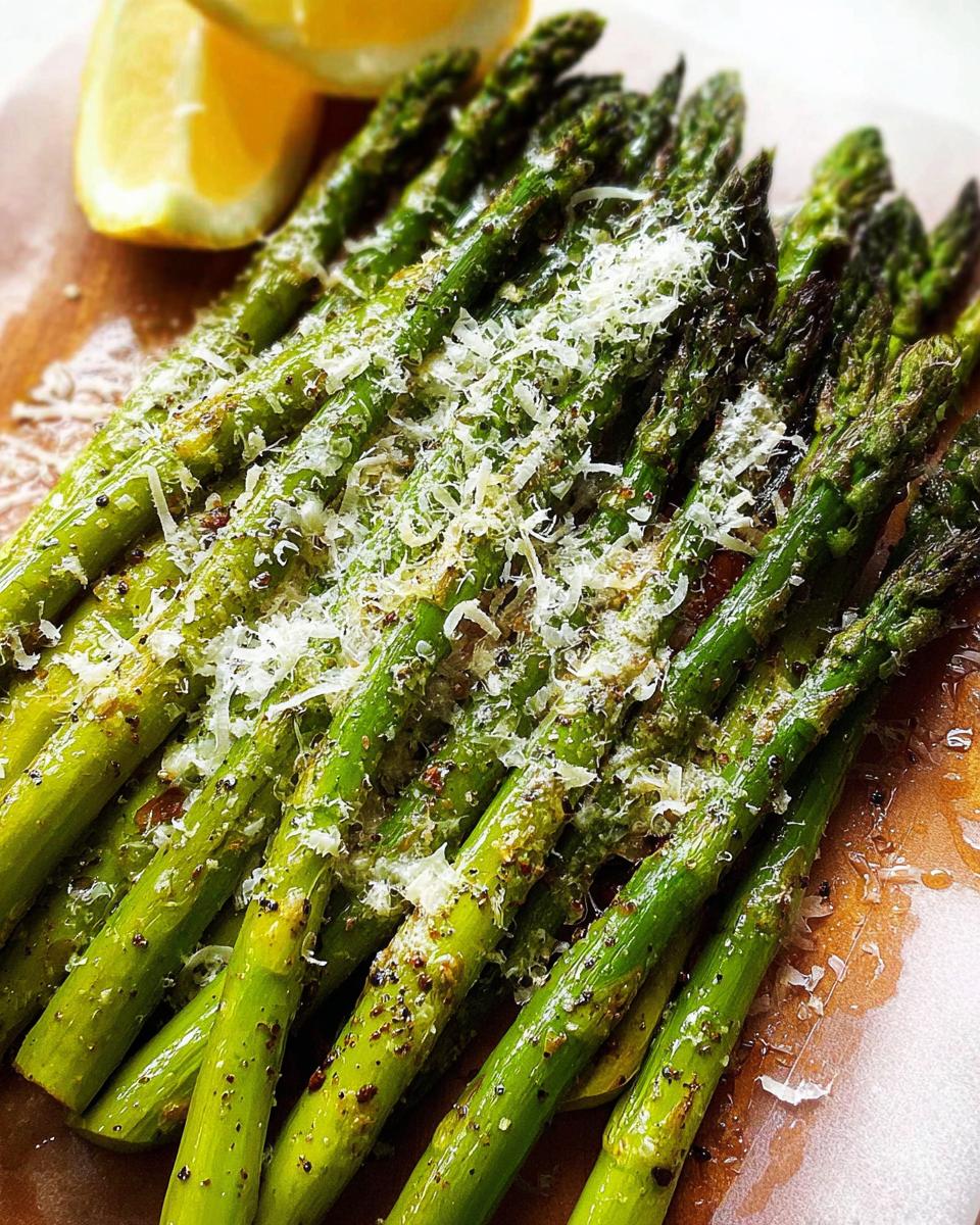 Close-up of bright green Roasted Asparagus with Parmesan cheese and black pepper, served with lemon wedges.