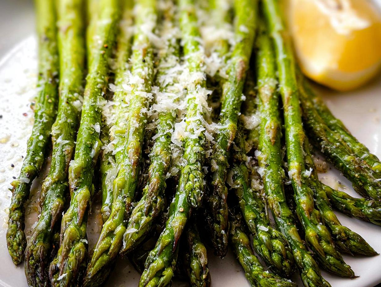 Close-up of bright green Roasted Asparagus with Parmesan cheese sprinkled on top, next to a lemon wedge.