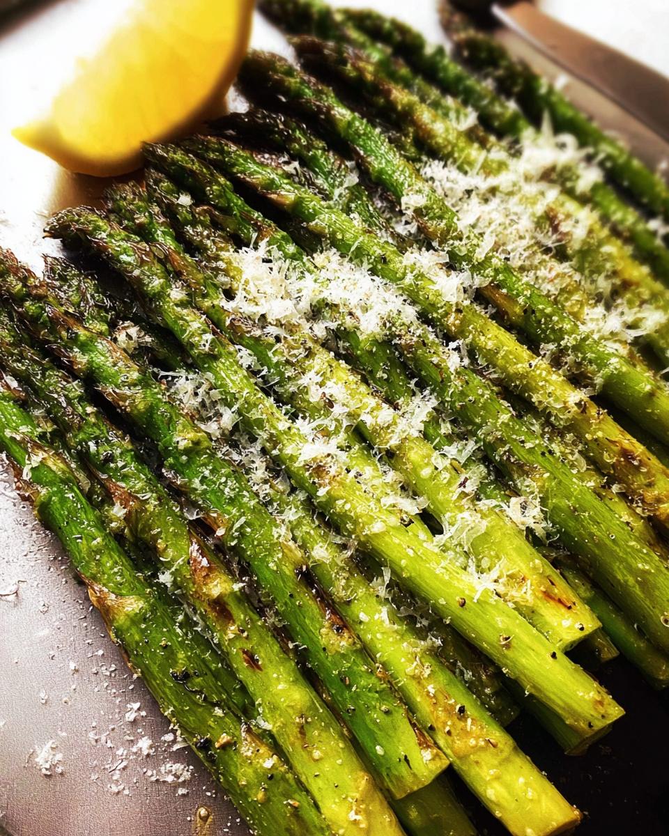 Close-up of bright green Roasted Asparagus with Parmesan cheese sprinkled on top and a lemon wedge.