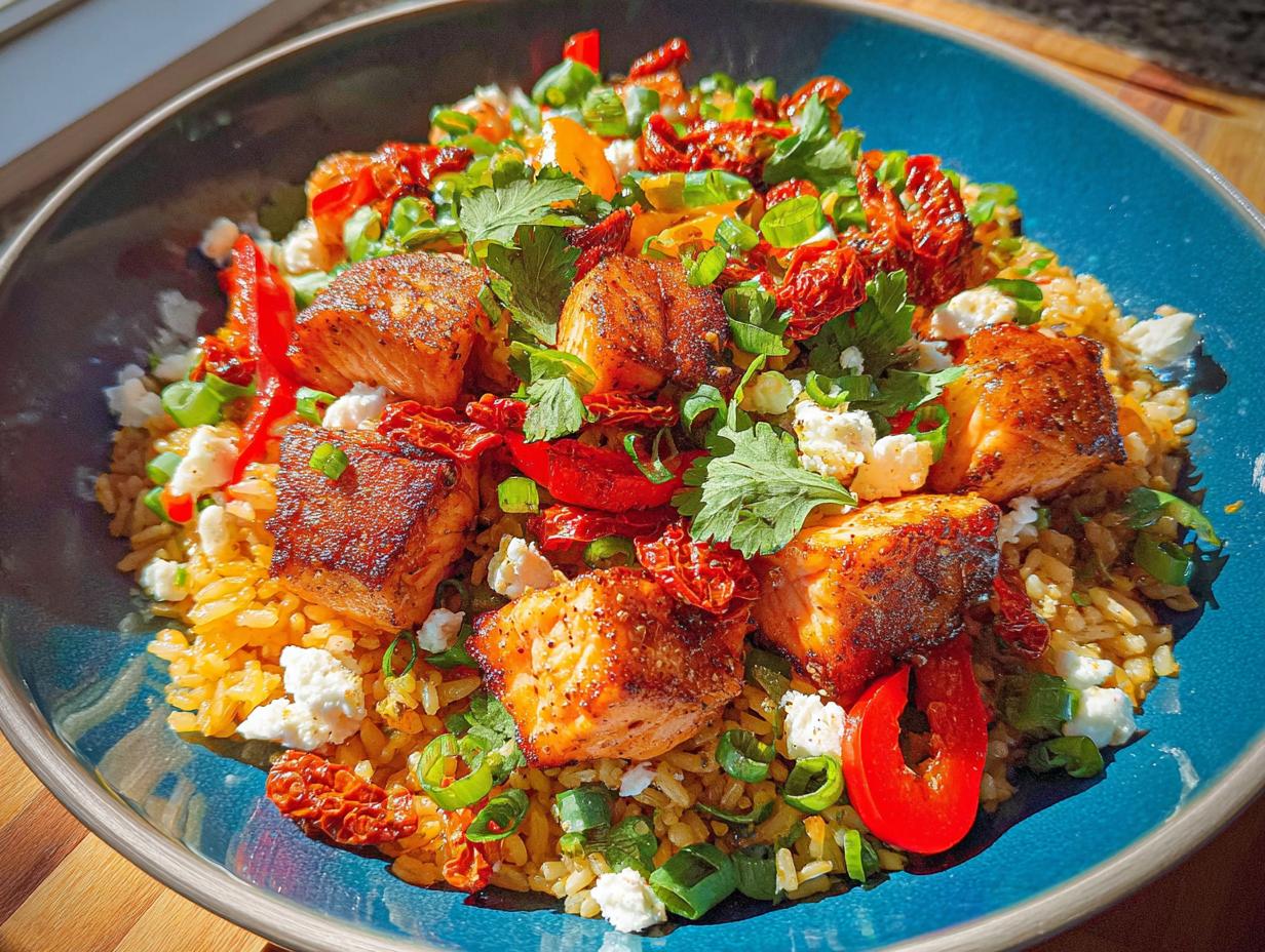 Close-up of a vibrant Salmon Bowl featuring pan-seared salmon chunks over seasoned rice, topped with feta cheese, sun-dried tomatoes, scallions, and cilantro.