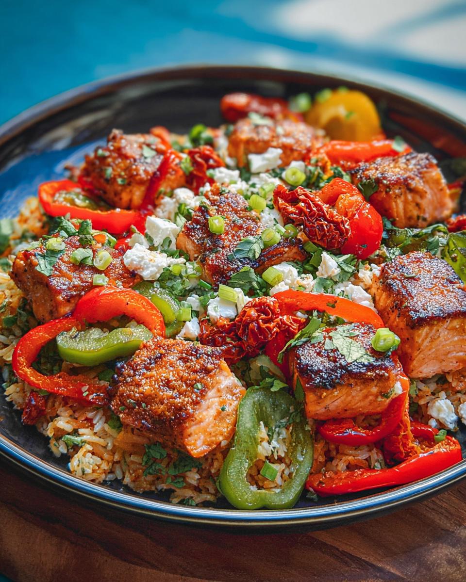 A vibrant bowl of Salmon Bowls featuring pan-seared salmon, rice, red and green bell peppers, sun-dried tomatoes, feta cheese, and fresh herbs.