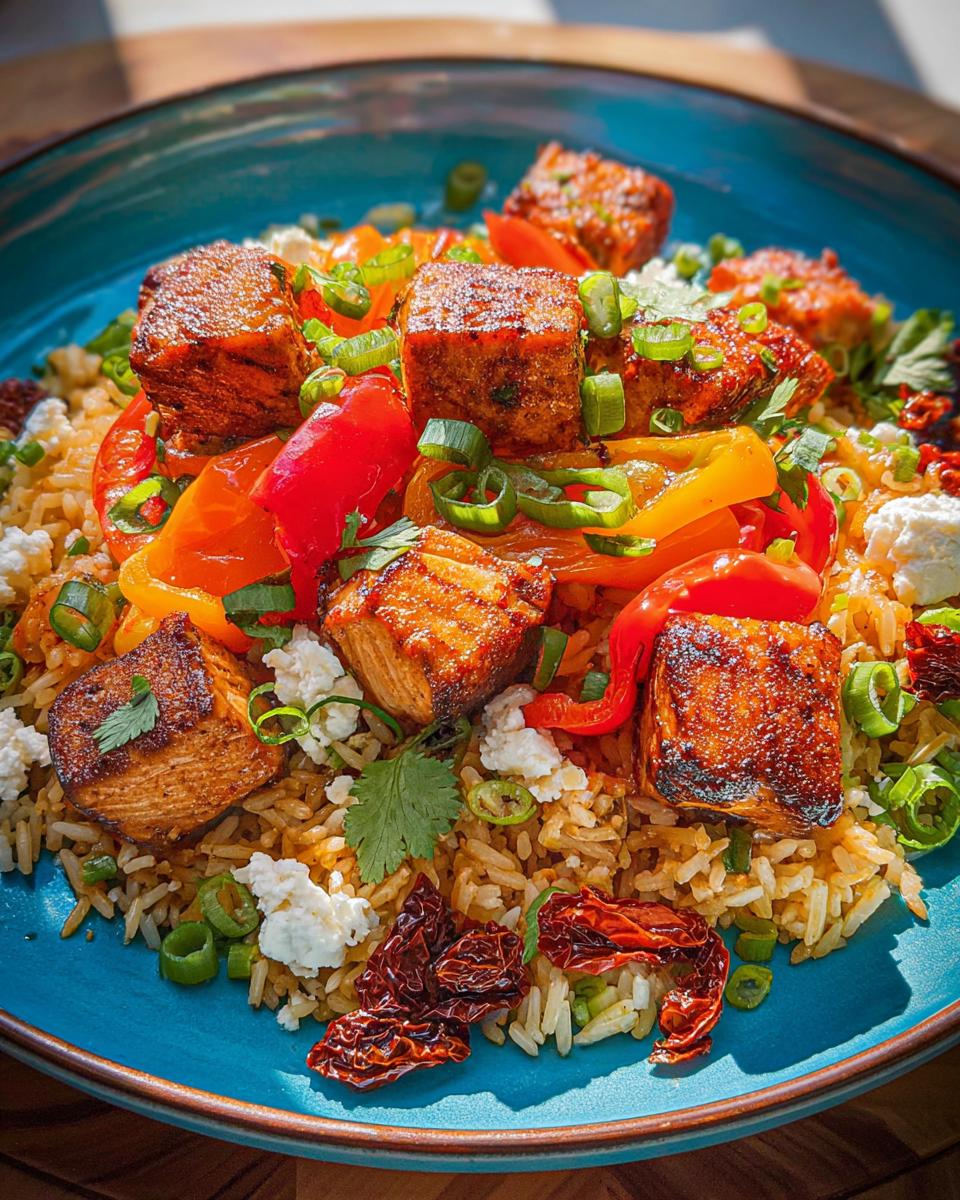 A vibrant bowl of Salmon Bowls featuring pan-seared salmon cubes, fluffy rice, colorful bell peppers, crumbled feta, and sun-dried tomatoes.