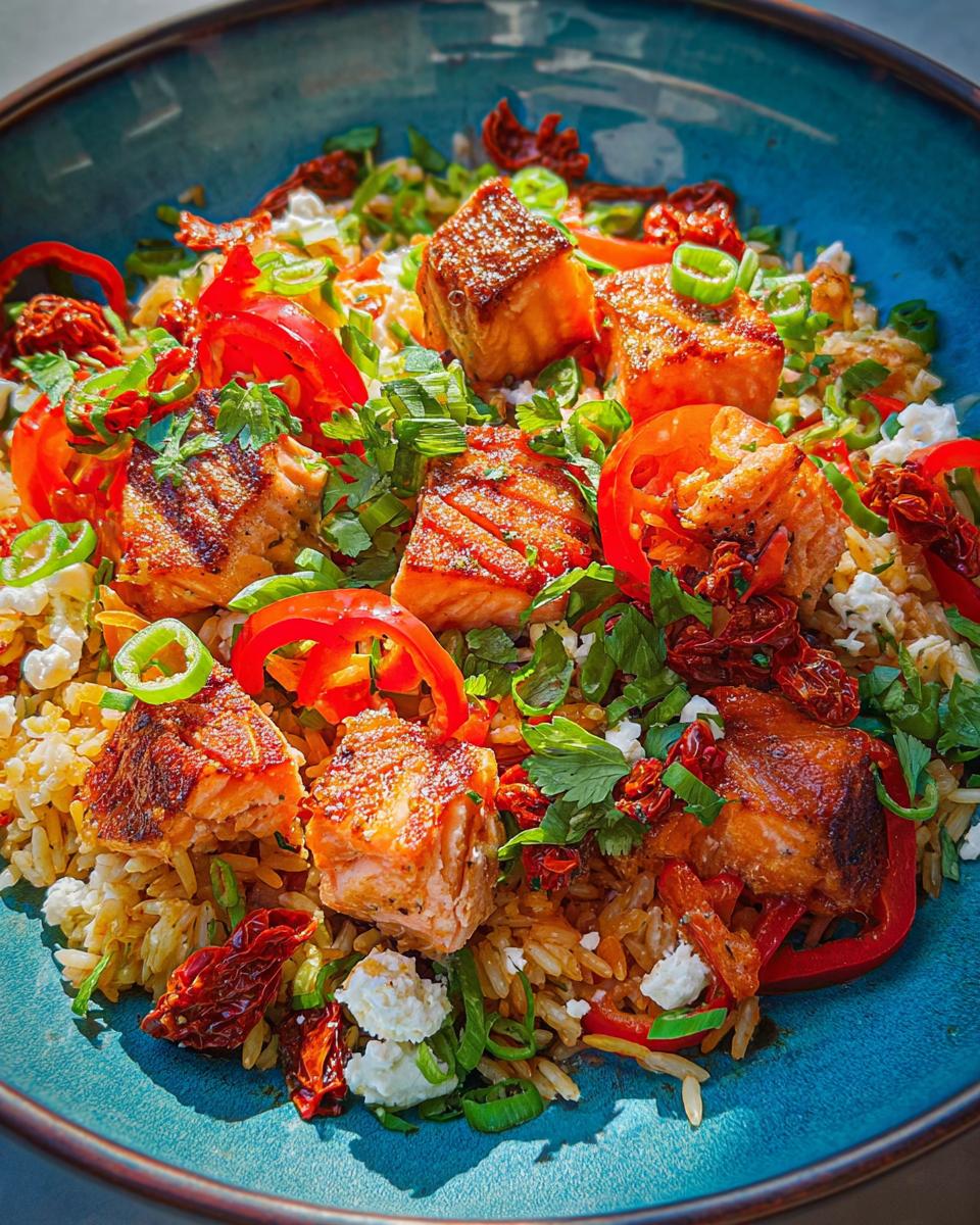 Close-up of a vibrant Salmon Bowl with perfectly cooked salmon cubes, rice, sun-dried tomatoes, red bell peppers, and feta cheese.