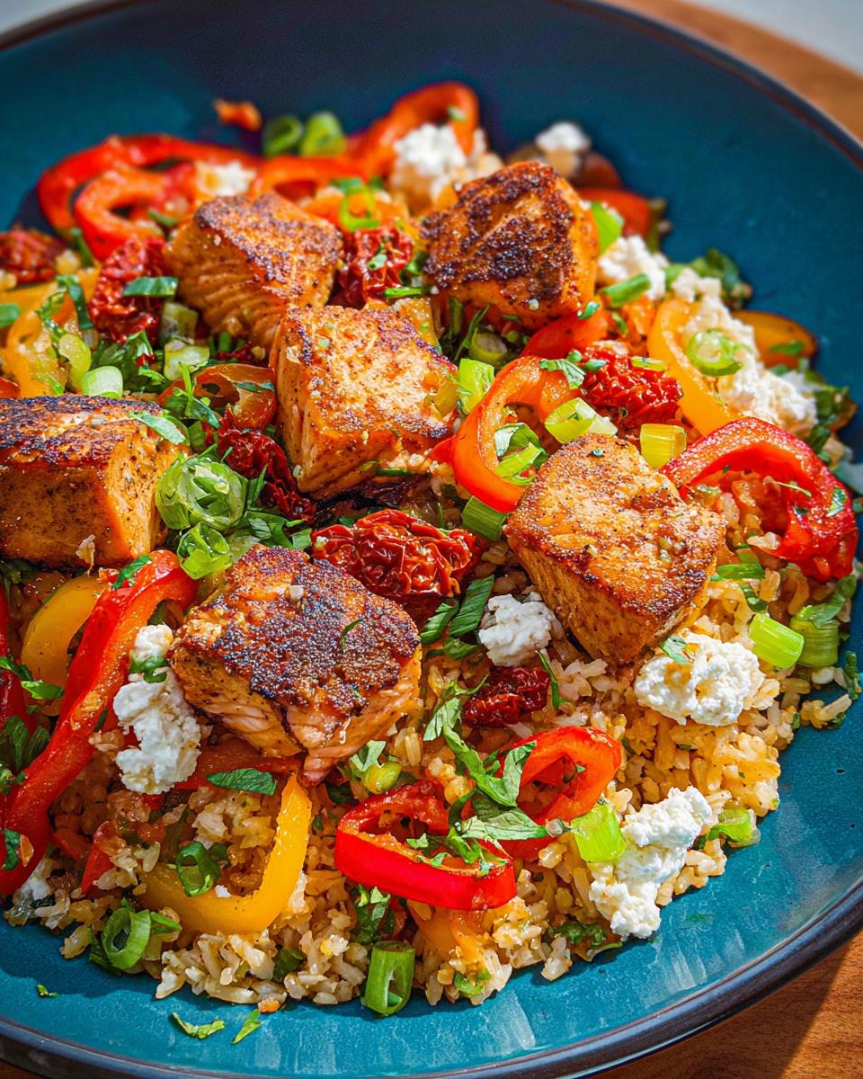 Close-up of a vibrant Salmon Bowl with seasoned salmon cubes, rice, bell peppers, sun-dried tomatoes, and feta cheese.