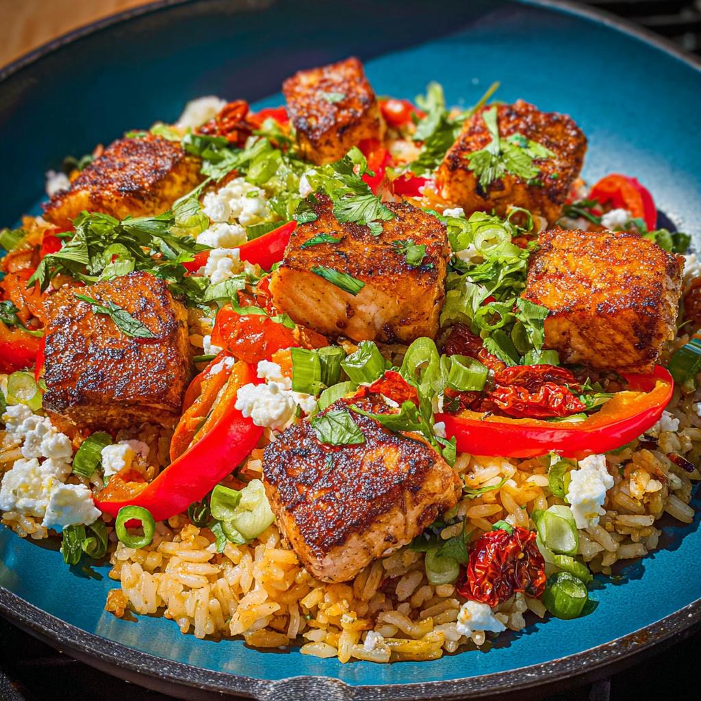 Close-up of a vibrant Salmon Bowl featuring perfectly seared salmon cubes over seasoned rice with bell peppers, feta, and herbs.