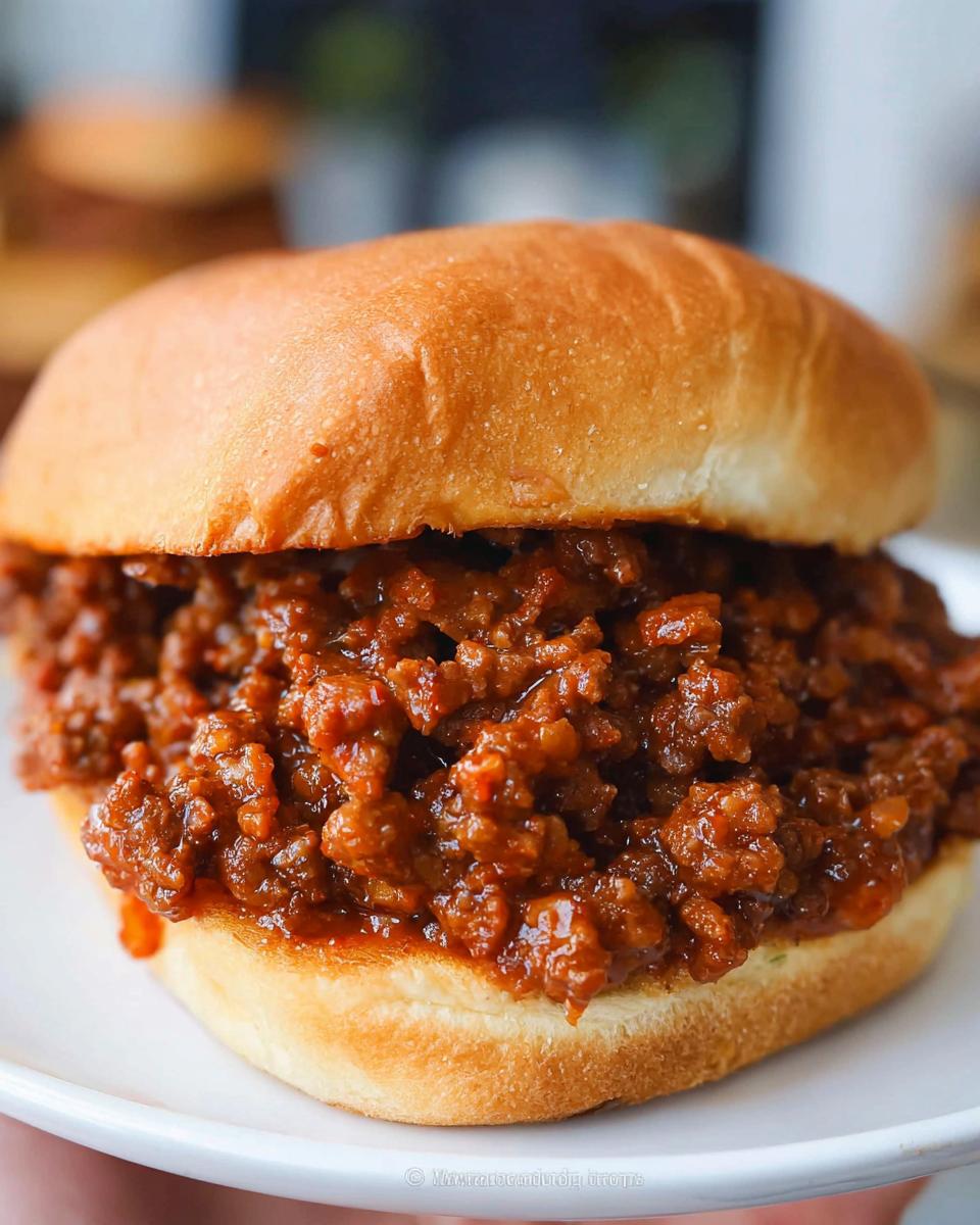 A close-up of a delicious, saucy Sloppy Joes filling piled high on a soft, toasted bun.