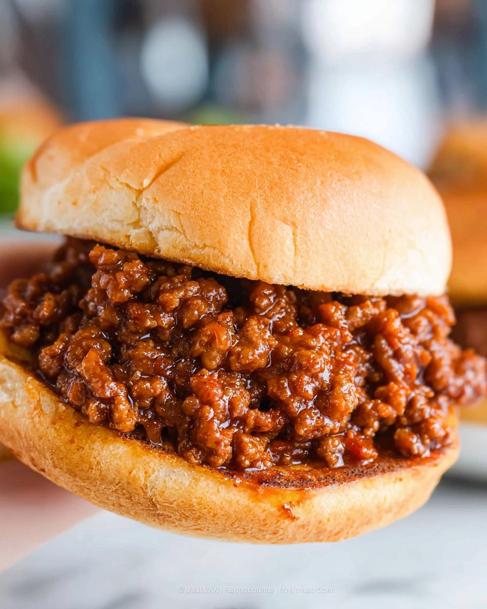 A close-up of a delicious, saucy Sloppy Joes sandwich served on a soft, toasted hamburger bun.