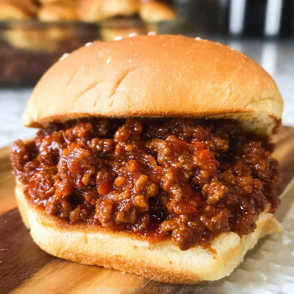 A close-up of a juicy, saucy Sloppy Joes filling piled high on a toasted sesame seed bun.