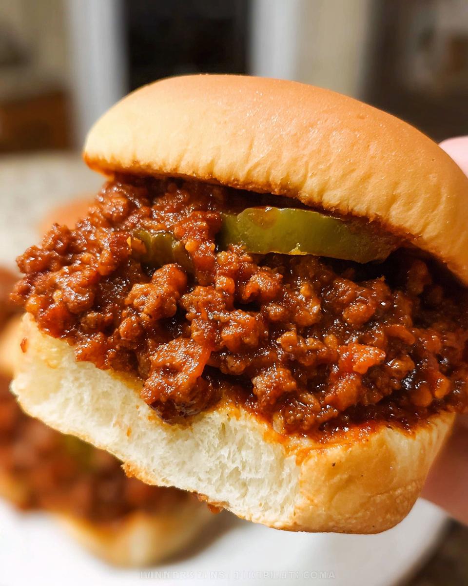 A close-up shot of a delicious, saucy Sloppy Joes filling piled high on a soft white bun, topped with a pickle slice.