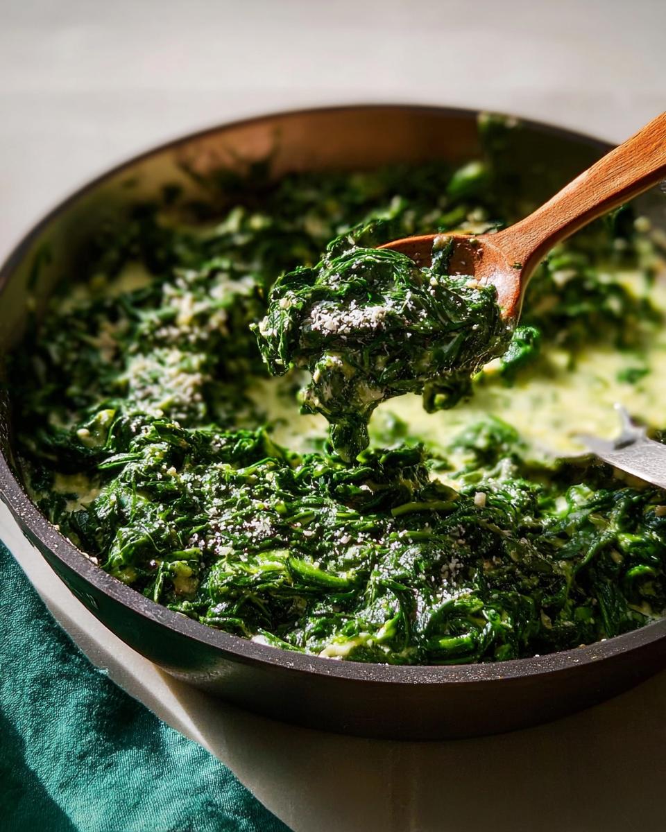 A wooden spoon lifts a generous portion of rich, green Creamed Spinach (Steakhouse Style) topped with grated cheese from a dark skillet.