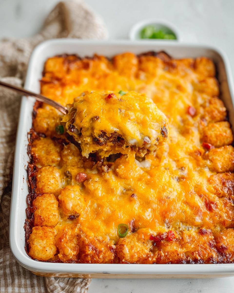 A spoonful of cheesy Tater Tot Breakfast Casserole being lifted from a white baking dish.