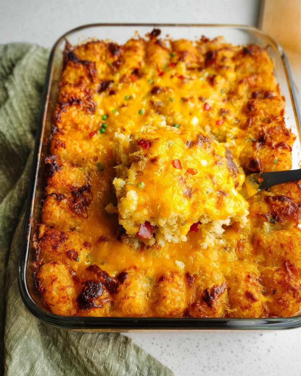 A serving spoon lifts a scoop from a baked Tater Tot Breakfast Casserole topped with melted cheddar cheese.