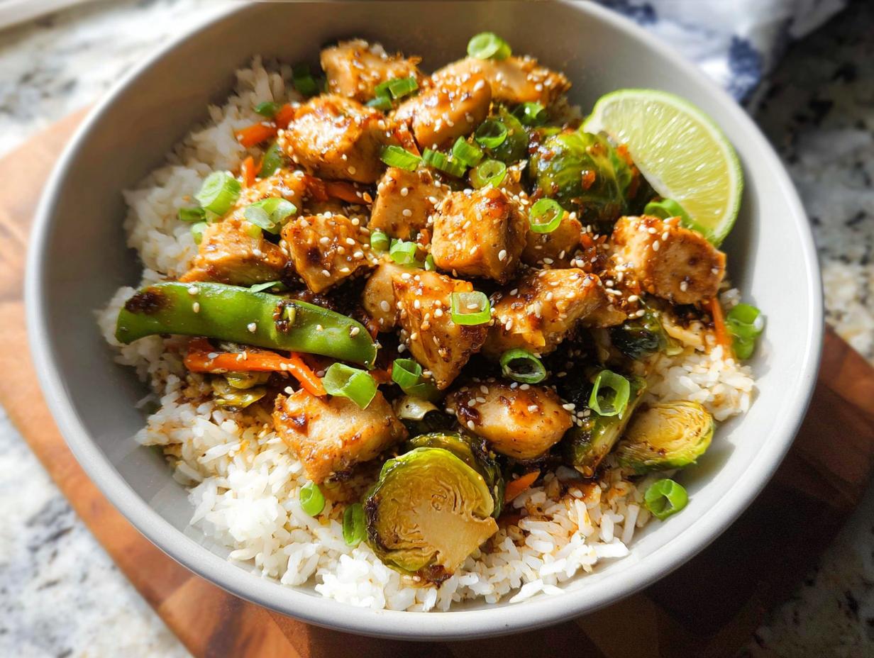 A bowl featuring sesame chicken stir-fry over white rice with Brussels sprouts, garnished with green onions and a lime wedge. One of 15 Healthy Dinner Ideas.