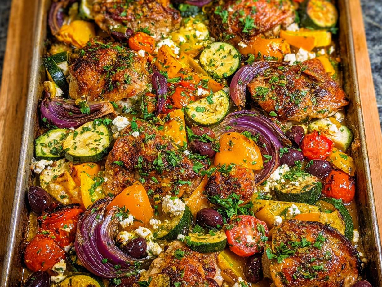 A vibrant Sheet Pan Chicken & Veggies dish featuring roasted chicken thighs, zucchini, red onion, peppers, tomatoes, olives, and feta.