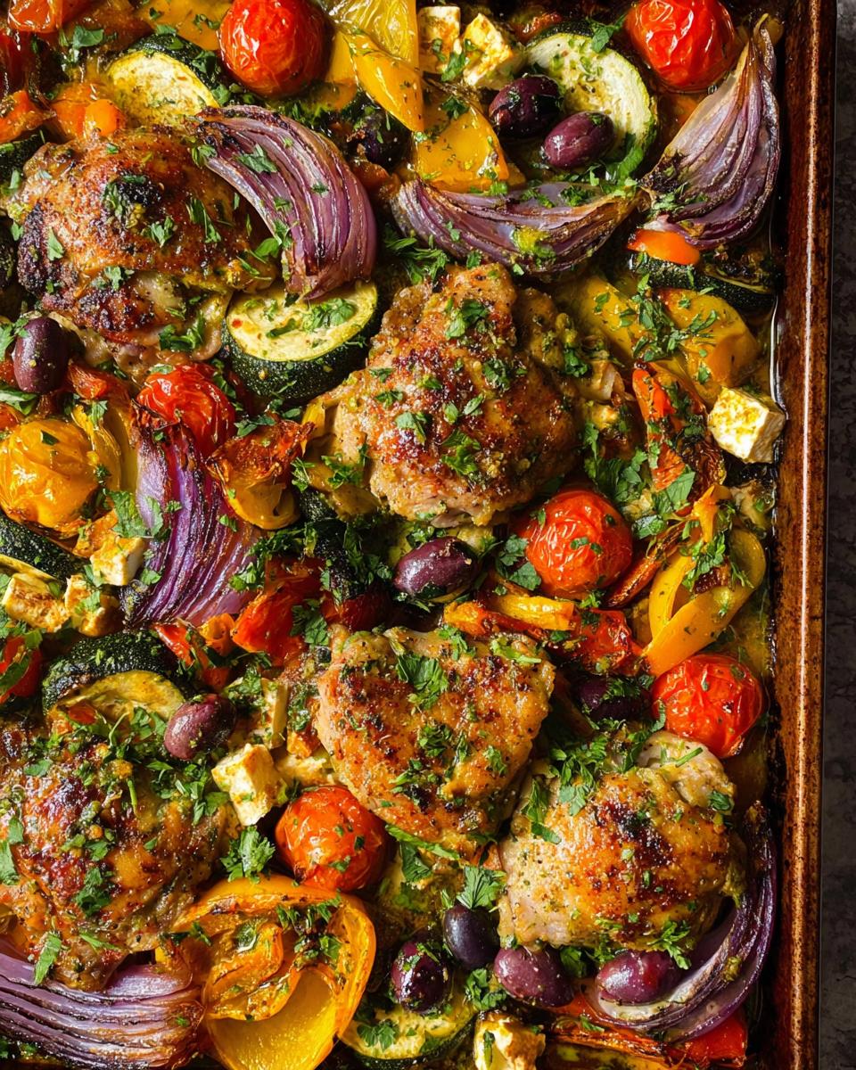 Overhead view of Sheet Pan Chicken & Veggies with roasted chicken thighs, red onion, zucchini, tomatoes, and olives.