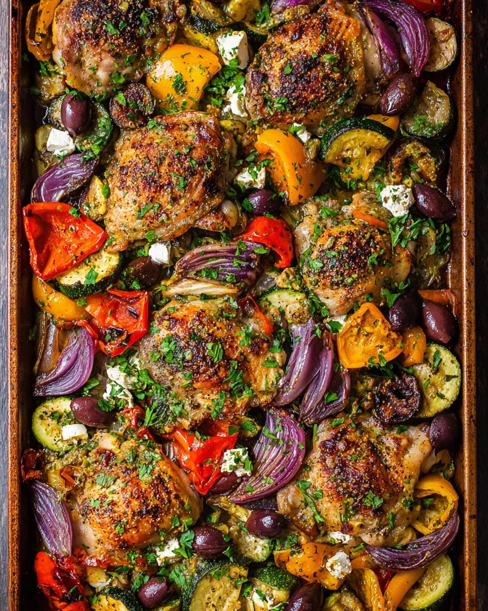 Overhead view of crispy Sheet Pan Chicken & Veggies with roasted red onion, zucchini, peppers, olives, and feta.