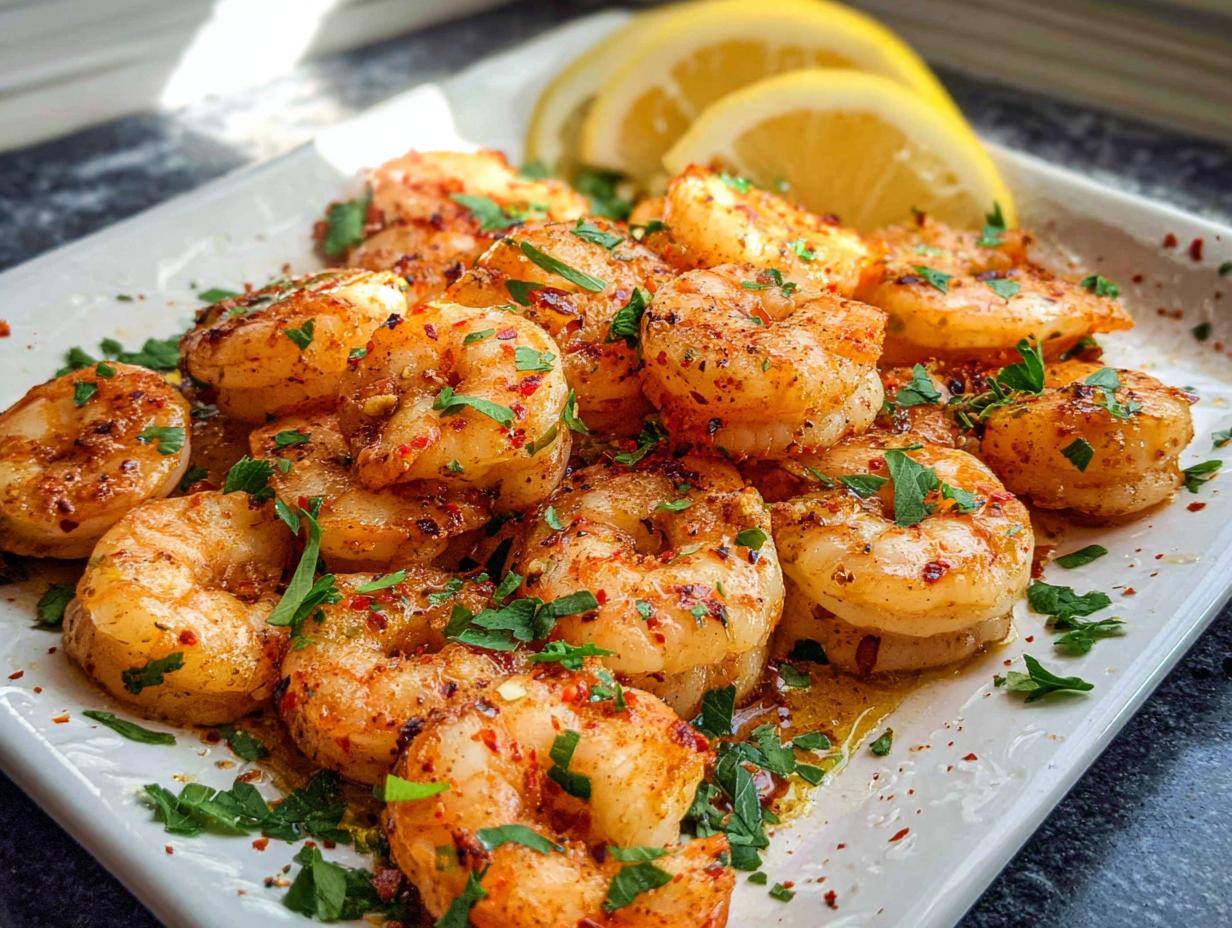 A white platter filled with juicy Garlic Butter Shrimp seasoned with herbs and spices, garnished with lemon wedges.