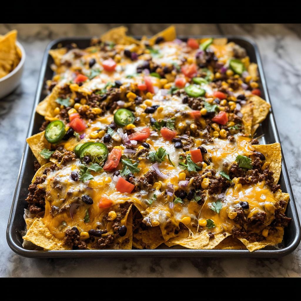 A full sheet pan of freshly baked Sheet Pan Nachos loaded with ground beef, cheese, black beans, corn, tomatoes, and jalapeños.