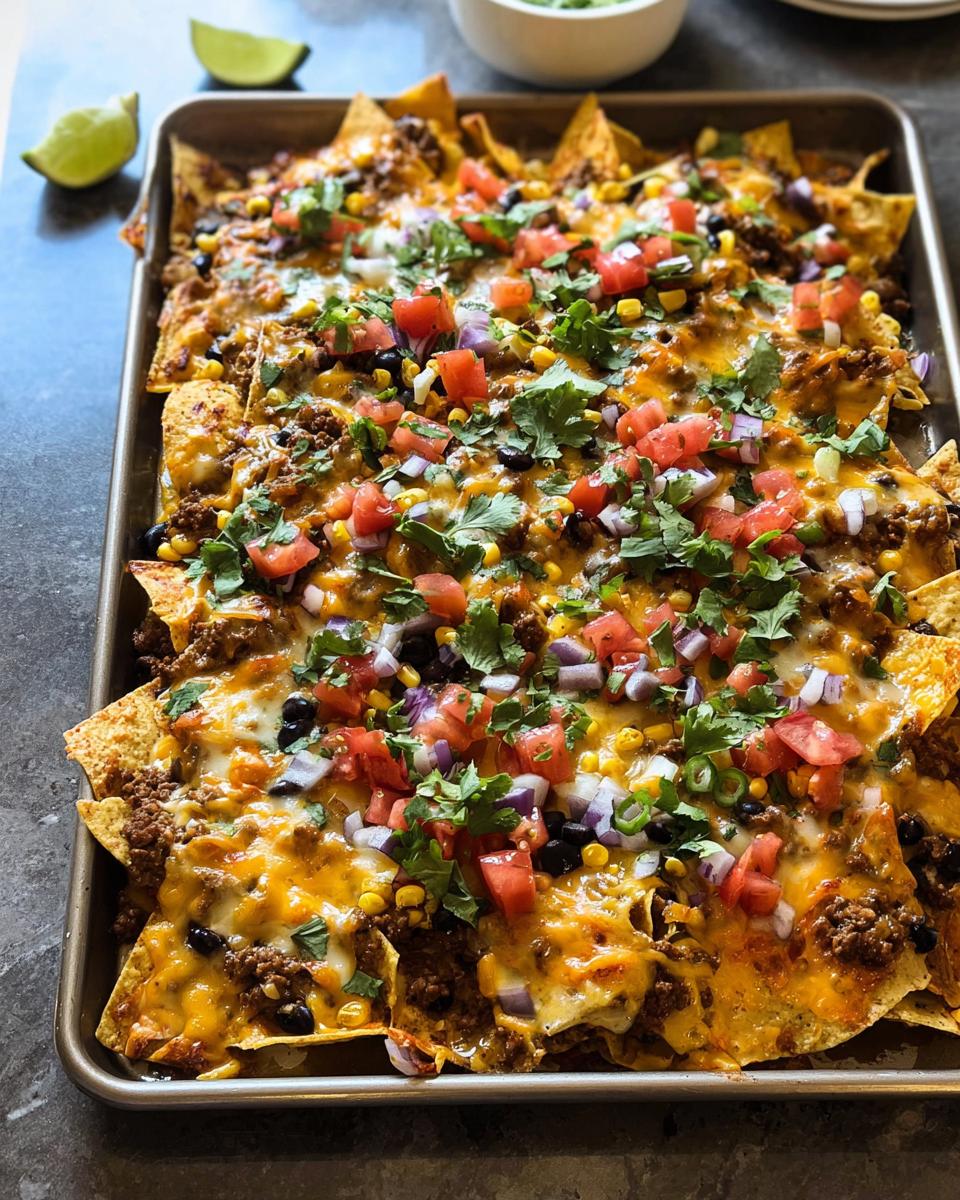 A full sheet pan of loaded Sheet Pan Nachos featuring melted cheese, ground beef, black beans, corn, tomatoes, and cilantro.