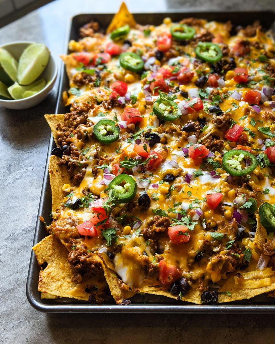 A full sheet pan of Sheet Pan Nachos loaded with ground meat, melted cheese, tomatoes, onions, and jalapeños.