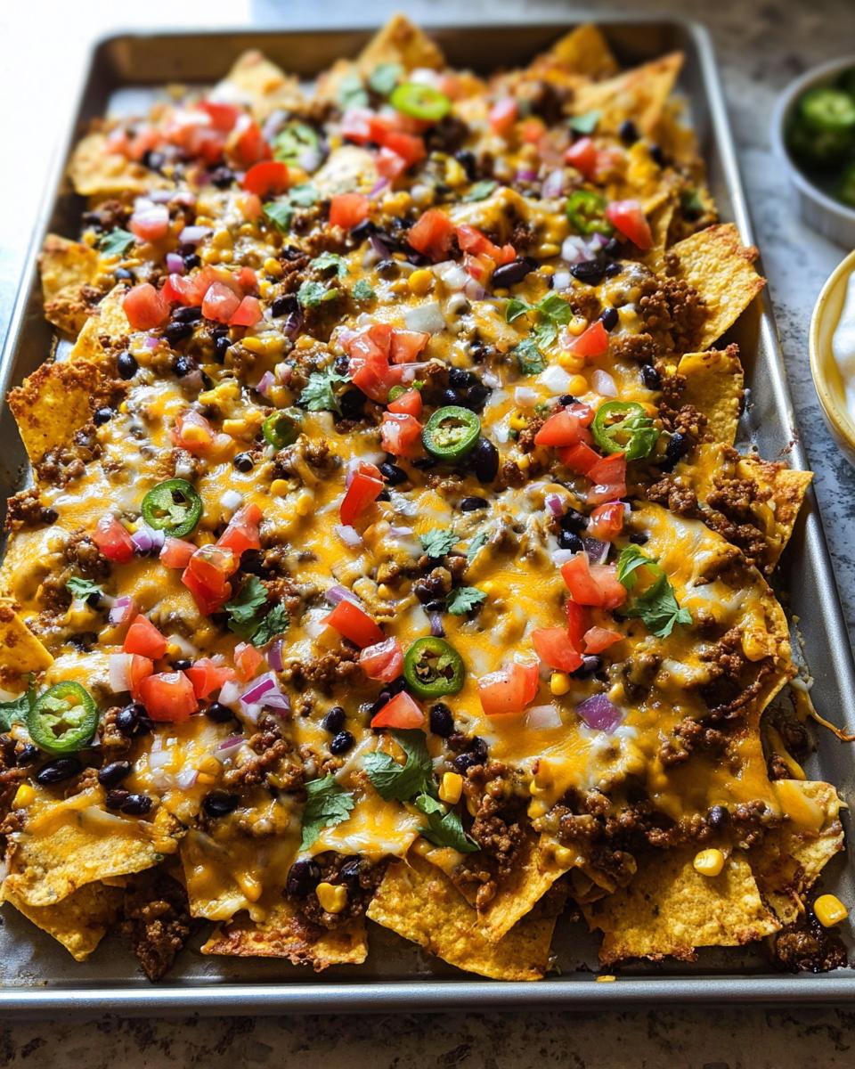 A full sheet pan of loaded Sheet Pan Nachos covered in melted cheese, ground meat, black beans, corn, tomatoes, onions, and jalapeños.