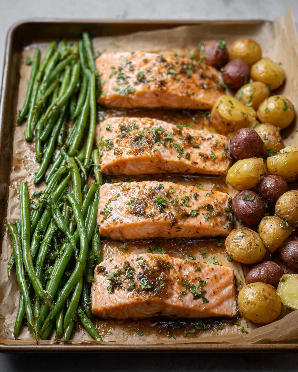 Four perfectly cooked salmon fillets with roasted baby potatoes and green beans on a sheet pan.