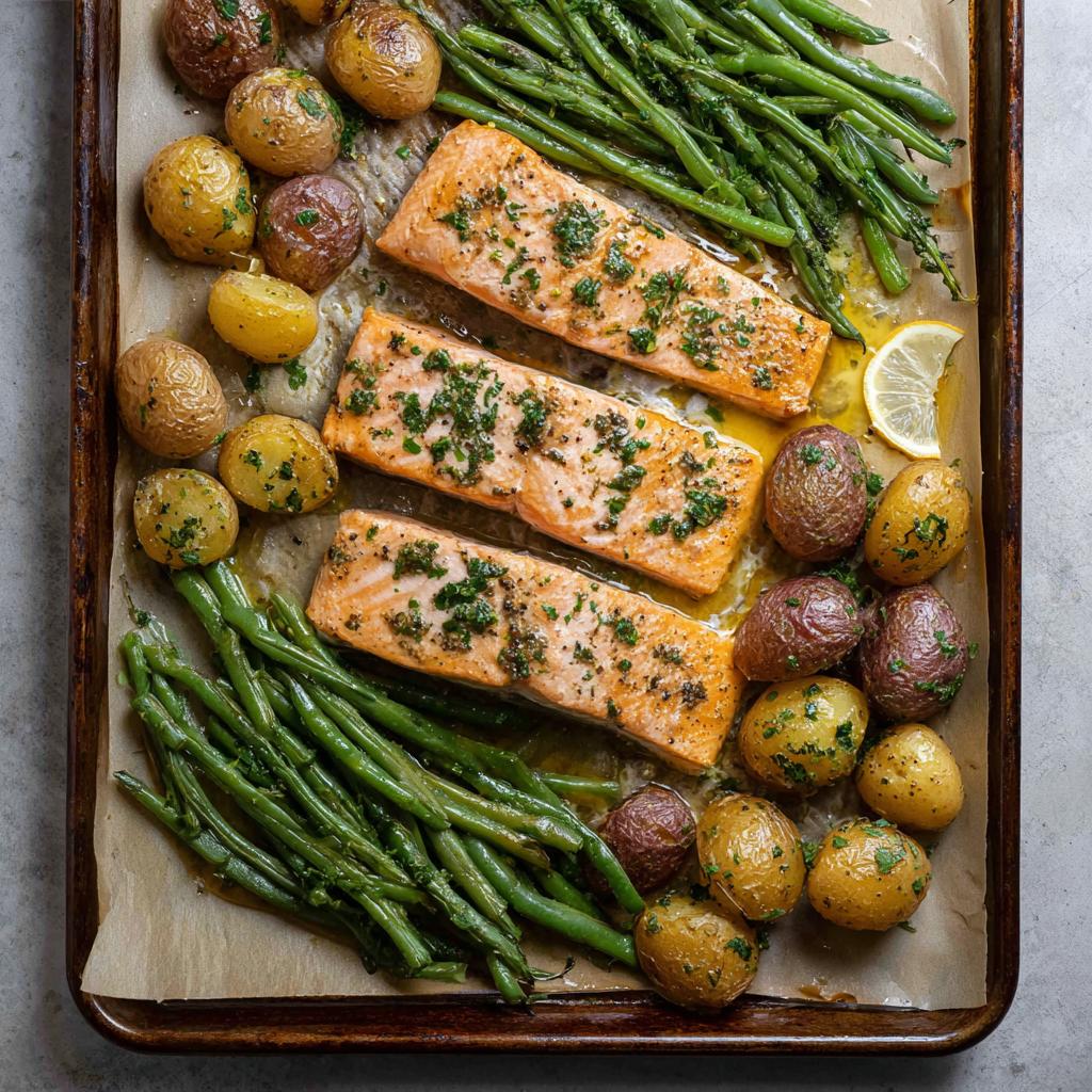 Overhead view of Sheet-Pan Salmon & Veggies with roasted potatoes and green beans, seasoned with herbs.