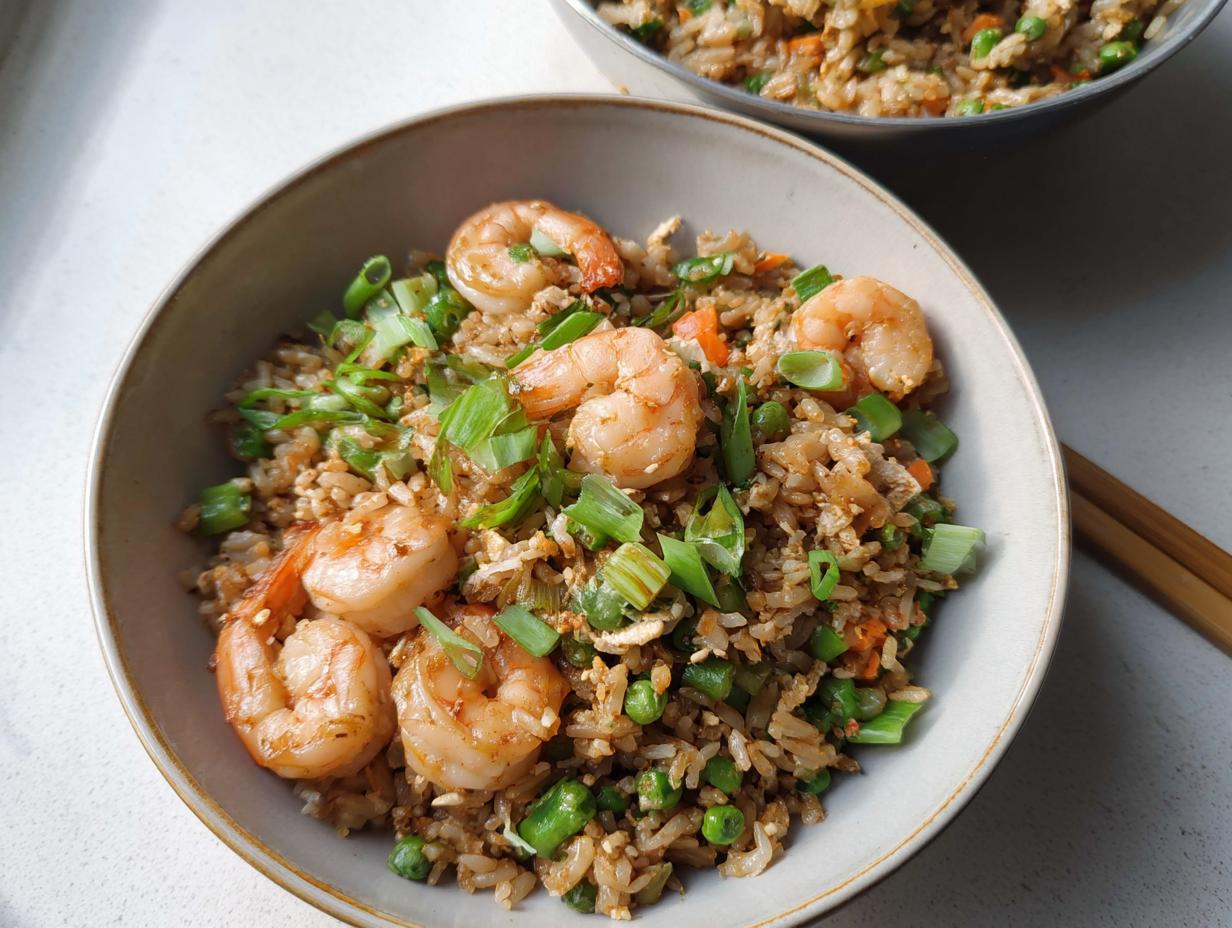 A close-up of a bowl of delicious Shrimp Fried Rice (Better-For-You) topped with plump shrimp and green onions.