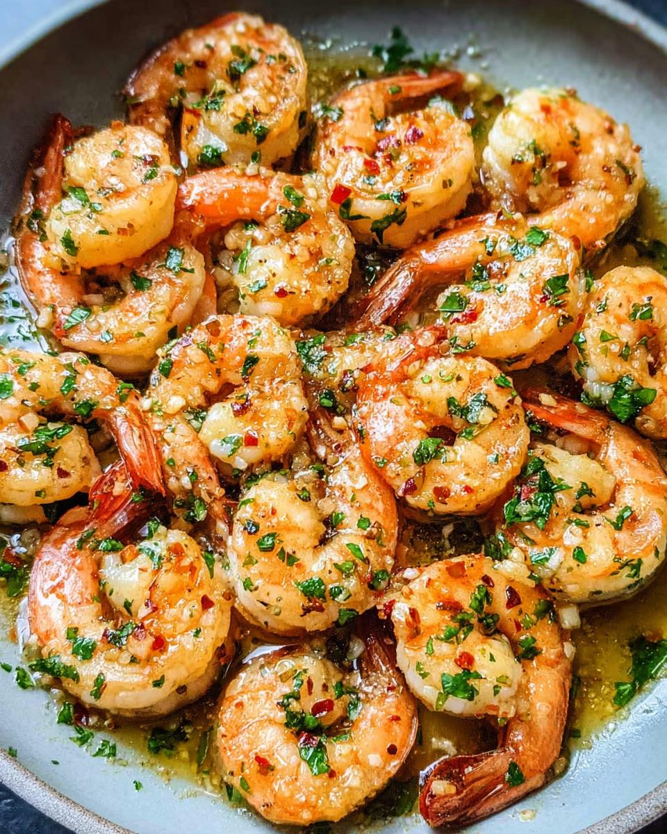Close-up of a plate filled with plump, juicy Shrimp Scampi (Lighter), glistening in a garlicky butter sauce and sprinkled with fresh parsley.